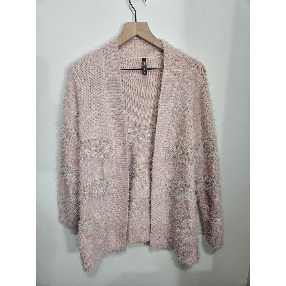 Massini Pink Eyelash Knit Open Front Cardigan Metallic Stripe Sweater 1X